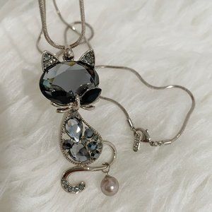 New Black Crystal Cat Necklace